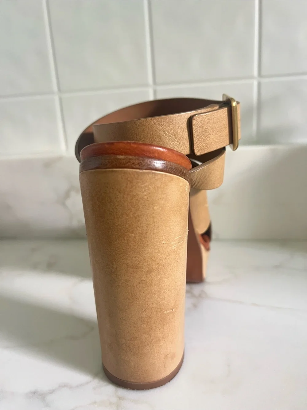 Authentic Chloe Tan Crossover Ankle Strap Platform Heels - Women’s 38.5